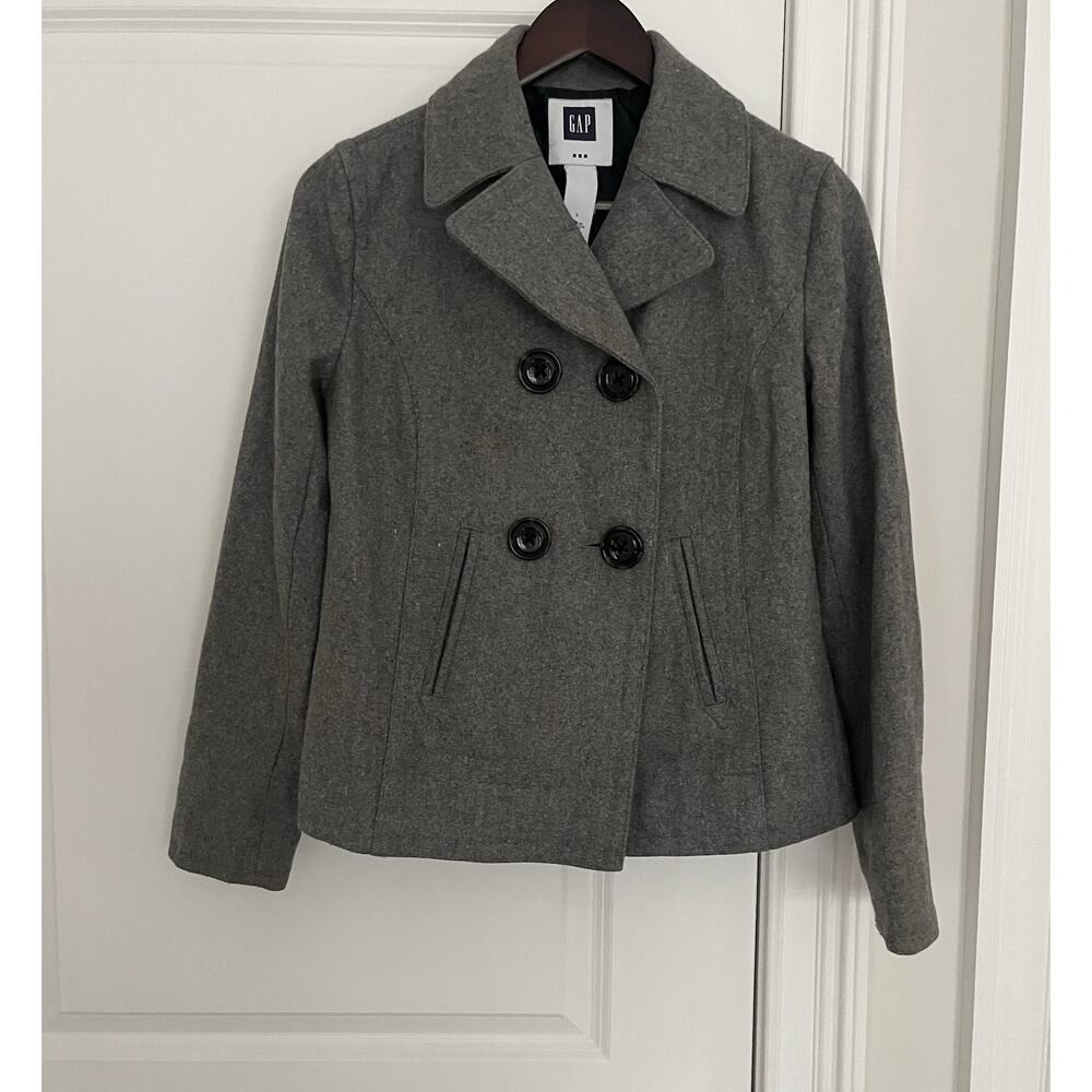 GAP Women's Y2K Cropped Double Breasted Button Pea Coat Grey Wool Blend Sz. S